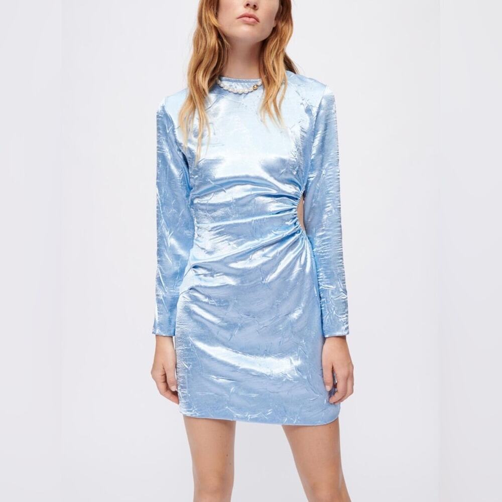 Maje Close-Fitting Rixlette Side Ruched Satin Dress in Blue 40/L